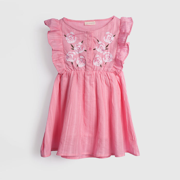 Kids Girls Dress in Light Pink with Floral Embroidery & Ruffle Sleeves for Comfort Wear