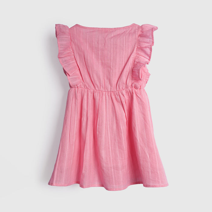 Kids Girls Dress in Light Pink with Floral Embroidery & Ruffle Sleeves for Comfort Wear