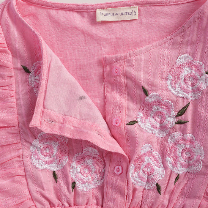 Kids Girls Dress in Light Pink with Floral Embroidery & Ruffle Sleeves for Comfort Wear