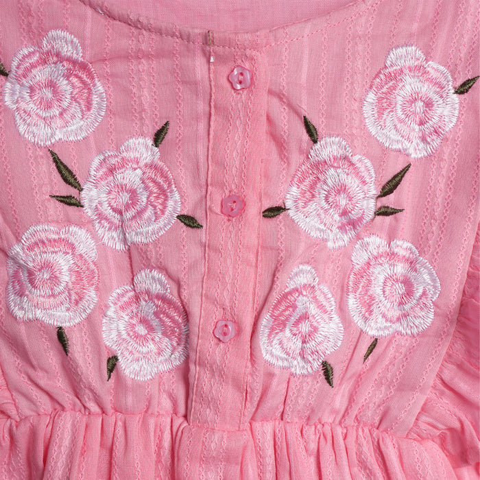 Kids Girls Dress in Light Pink with Floral Embroidery & Ruffle Sleeves for Comfort Wear