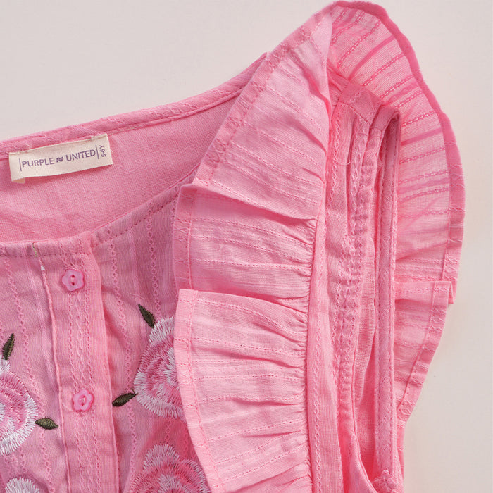 Kids Girls Dress in Light Pink with Floral Embroidery & Ruffle Sleeves for Comfort Wear