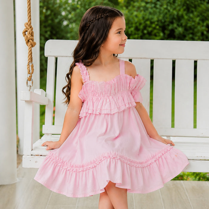 Kids Girls Dress in Light Pink with Layered Frill Neckline and Flared Fit for Summer Comfort