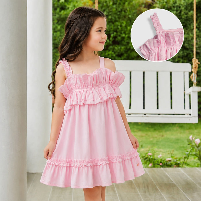 Kids Girls Dress in Light Pink with Layered Frill Neckline and Flared Fit for Summer Comfort