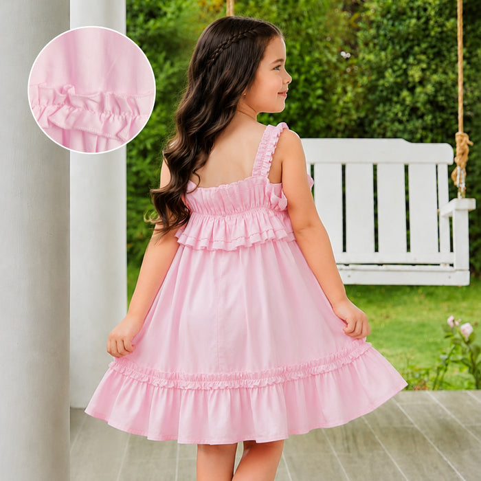 Kids Girls Dress in Light Pink with Layered Frill Neckline and Flared Fit for Summer Comfort