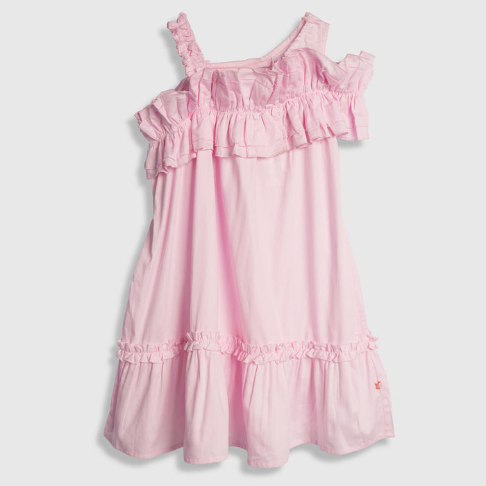 Kids Girls Dress in Light Pink with Layered Frill Neckline and Flared Fit for Summer Comfort