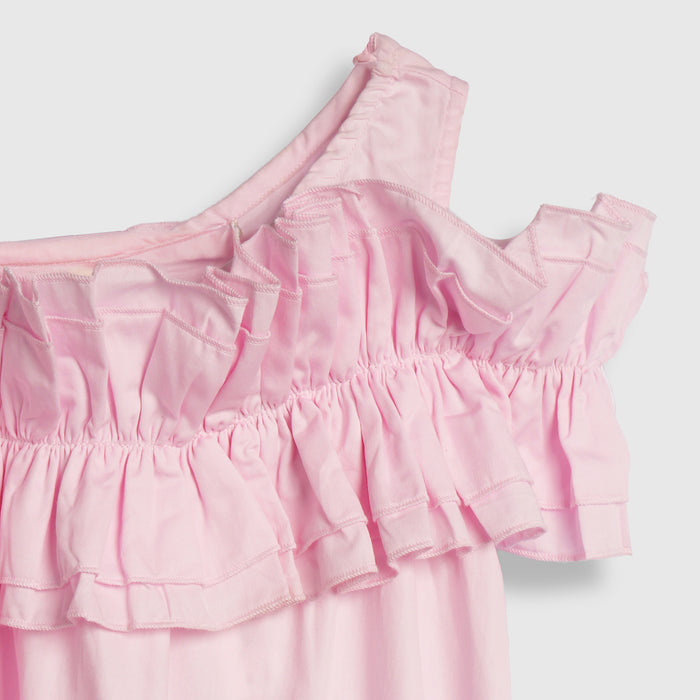 Kids Girls Dress in Light Pink with Layered Frill Neckline and Flared Fit for Summer Comfort