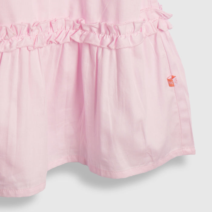 Kids Girls Dress in Light Pink with Layered Frill Neckline and Flared Fit for Summer Comfort