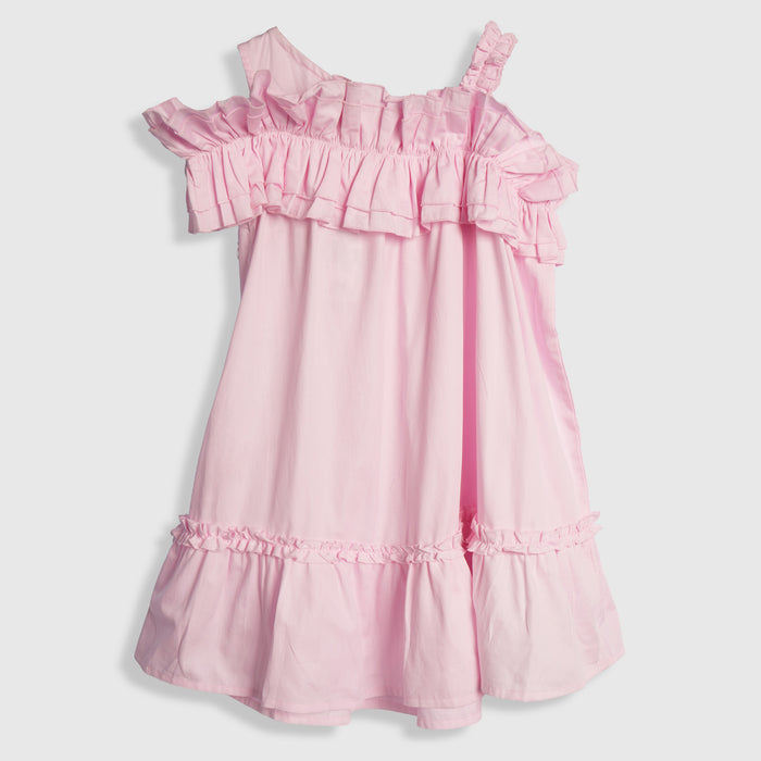 Kids Girls Dress in Light Pink with Layered Frill Neckline and Flared Fit for Summer Comfort