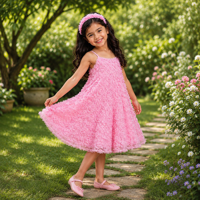 Kids Girls Dress in Light Pink with Rose Appliqué & Matching Headband, Perfect for Party Wear