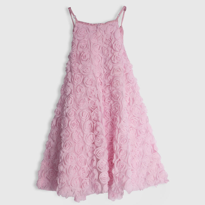 Kids Girls Dress in Light Pink with Rose Appliqué & Matching Headband, Perfect for Party Wear