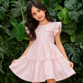 Kids Girls Dress in Light Pink with Tiered Stripes & Flutter Sleeves, Perfect for Party Wear