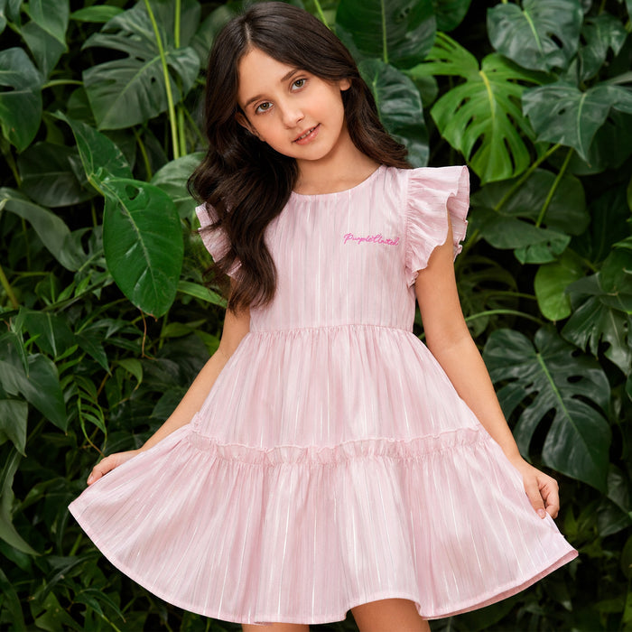 Kids Girls Dress in Light Pink with Tiered Stripes & Flutter Sleeves, Perfect for Party Wear