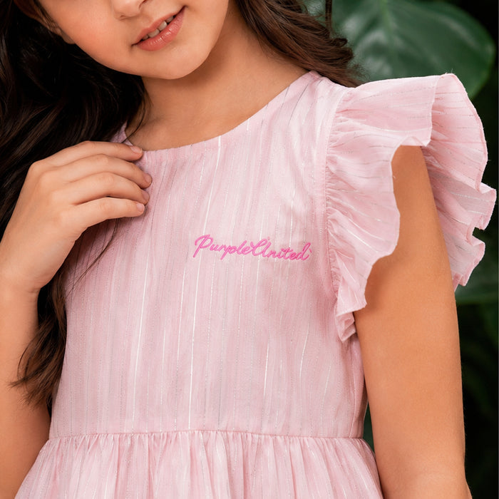 Kids Girls Dress in Light Pink with Tiered Stripes & Flutter Sleeves, Perfect for Party Wear