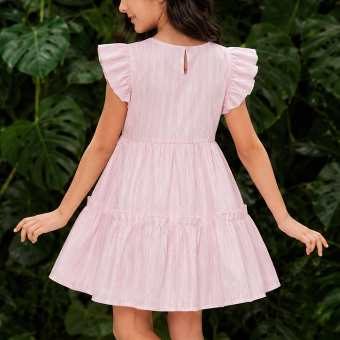 Kids Girls Dress in Light Pink with Tiered Stripes & Flutter Sleeves, Perfect for Party Wear
