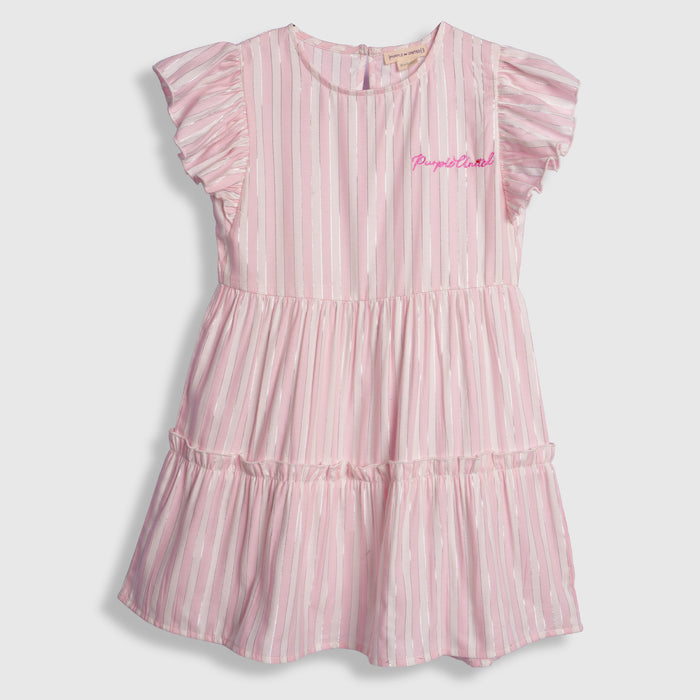 Kids Girls Dress in Light Pink with Tiered Stripes & Flutter Sleeves, Perfect for Party Wear