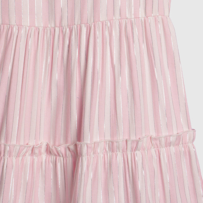 Kids Girls Dress in Light Pink with Tiered Stripes & Flutter Sleeves, Perfect for Party Wear