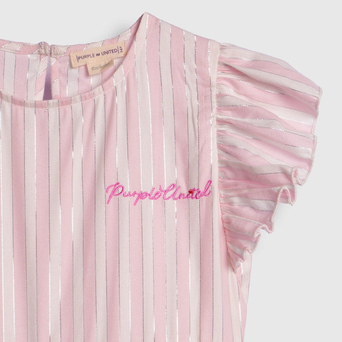 Kids Girls Dress in Light Pink with Tiered Stripes & Flutter Sleeves, Perfect for Party Wear