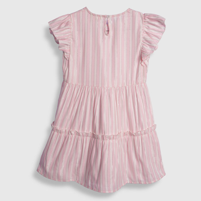 Kids Girls Dress in Light Pink with Tiered Stripes & Flutter Sleeves, Perfect for Party Wear