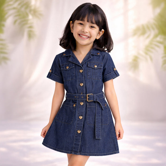 Kids Girls Dress in Mid Blue Denim with Collared Neck, Adjustable Belt & Comfortable Fit