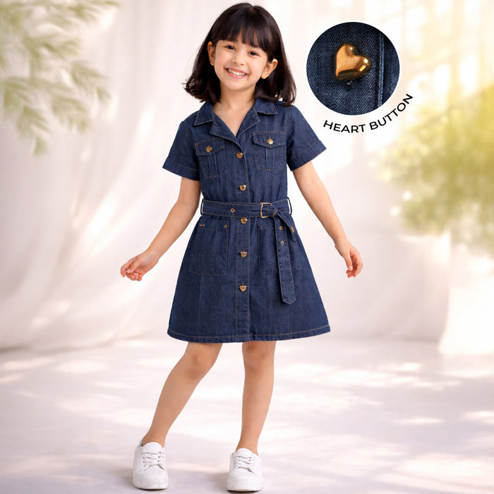 Kids Girls Dress in Mid Blue Denim with Collared Neck, Adjustable Belt & Comfortable Fit
