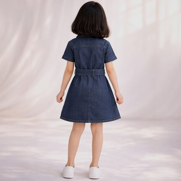 Kids Girls Dress in Mid Blue Denim with Collared Neck, Adjustable Belt & Comfortable Fit