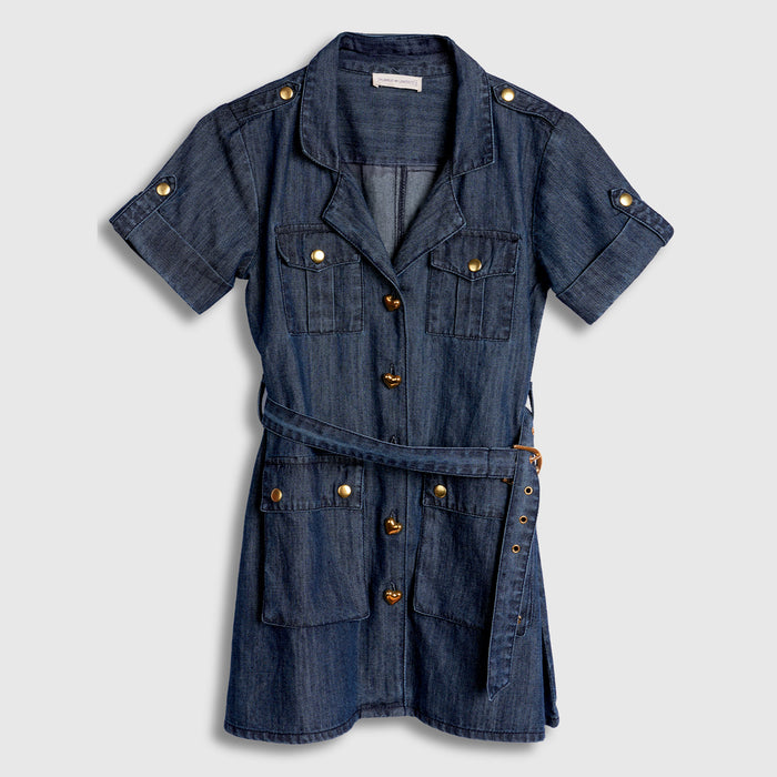 Kids Girls Dress in Mid Blue Denim with Collared Neck, Adjustable Belt & Comfortable Fit