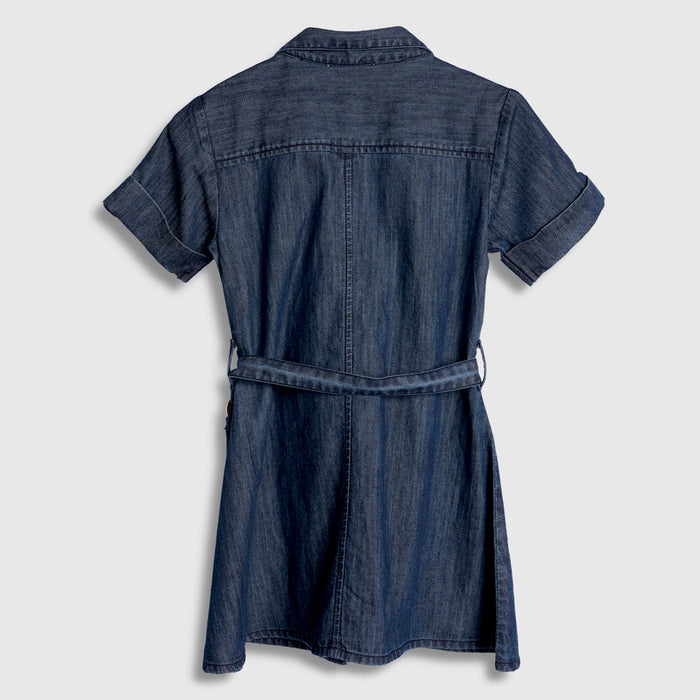 Kids Girls Dress in Mid Blue Denim with Collared Neck, Adjustable Belt & Comfortable Fit