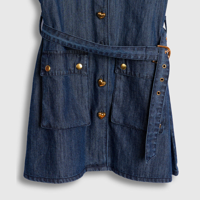 Kids Girls Dress in Mid Blue Denim with Collared Neck, Adjustable Belt & Comfortable Fit