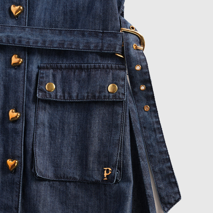 Kids Girls Dress in Mid Blue Denim with Collared Neck, Adjustable Belt & Comfortable Fit