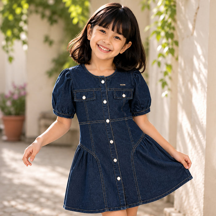 Kids Girls Dress in Mid Blue with Denim Fabric, Regular Fit, Puff Sleeves & Flared Style