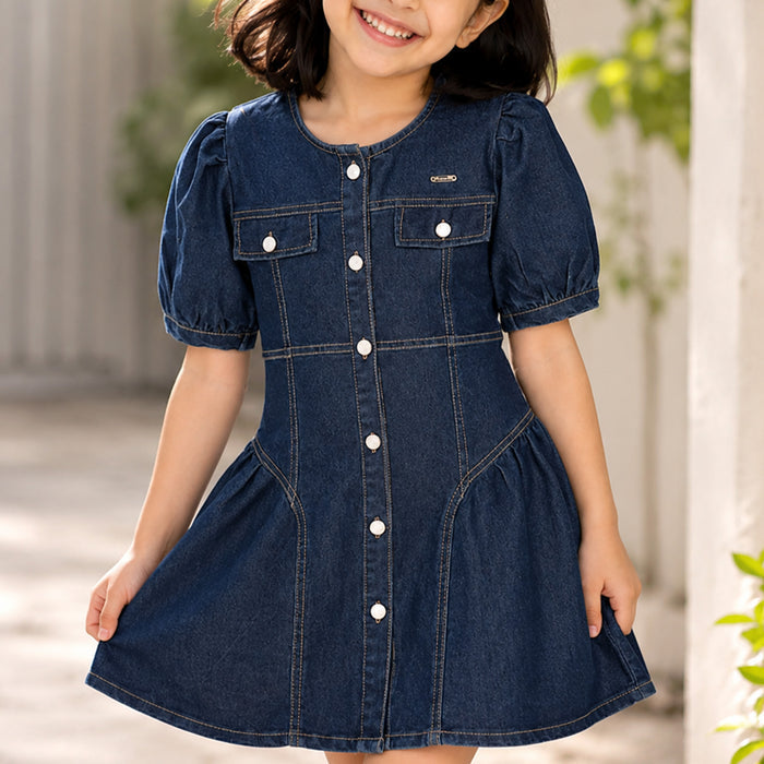 Kids Girls Dress in Mid Blue with Denim Fabric, Regular Fit, Puff Sleeves & Flared Style