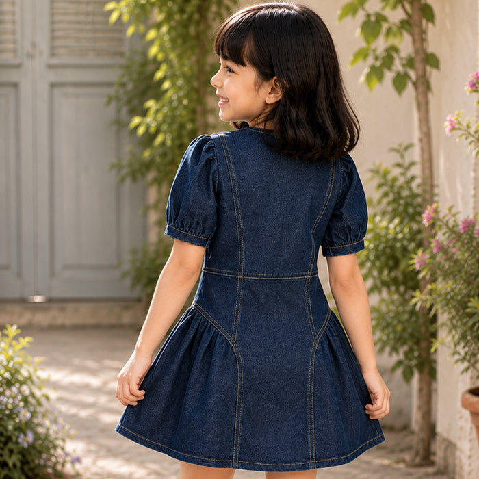 Kids Girls Dress in Mid Blue with Denim Fabric, Regular Fit, Puff Sleeves & Flared Style