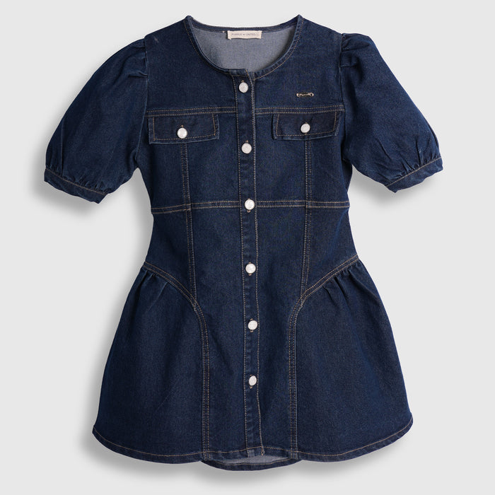 Kids Girls Dress in Mid Blue with Denim Fabric, Regular Fit, Puff Sleeves & Flared Style