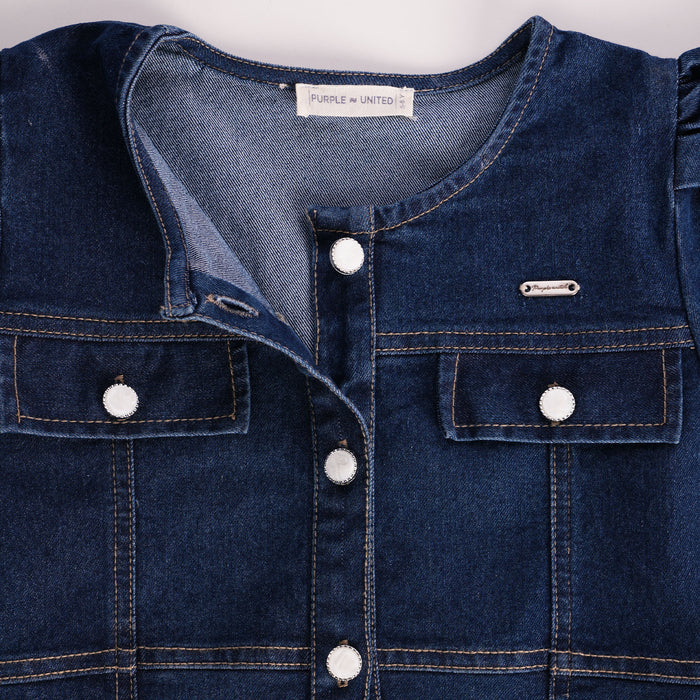 Kids Girls Dress in Mid Blue with Denim Fabric, Regular Fit, Puff Sleeves & Flared Style