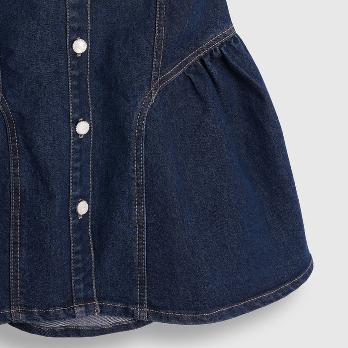 Kids Girls Dress in Mid Blue with Denim Fabric, Regular Fit, Puff Sleeves & Flared Style