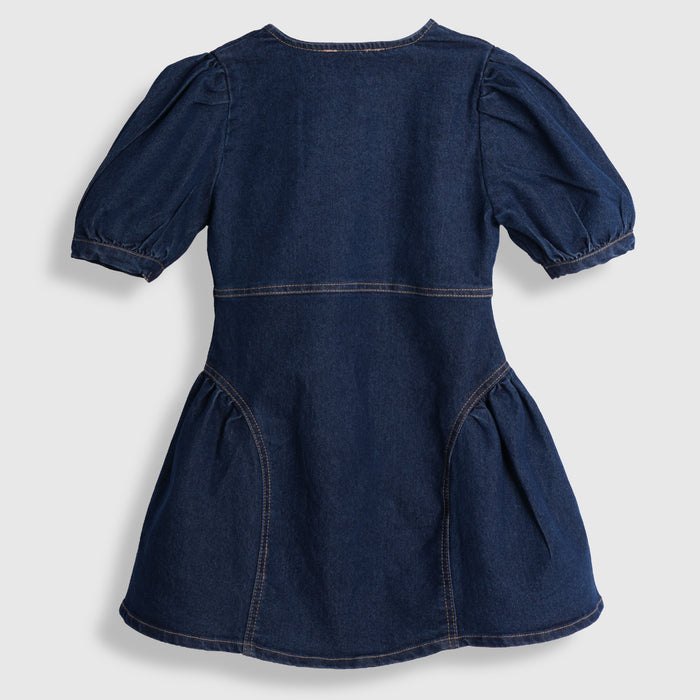 Kids Girls Dress in Mid Blue with Denim Fabric, Regular Fit, Puff Sleeves & Flared Style