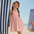 Kids Girls Dress in Multi Red with Smocked Bodice, Striped Design & Sleeveless Comfort
