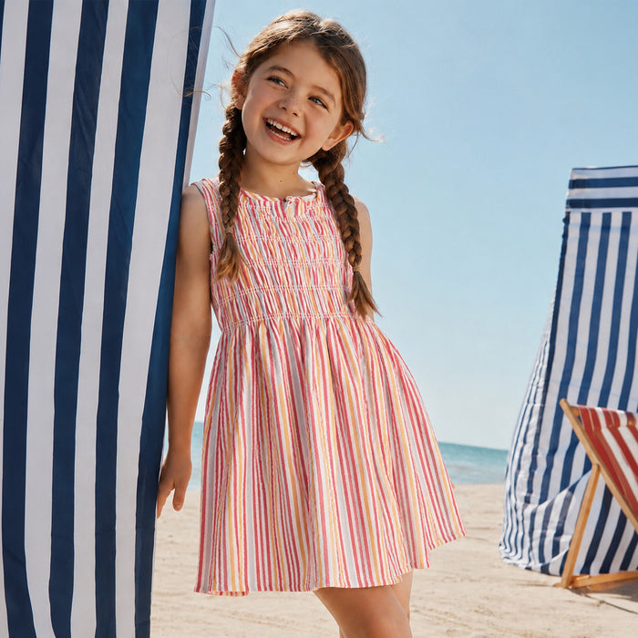 Kids Girls Dress in Multi Red with Smocked Bodice, Striped Design & Sleeveless Comfort