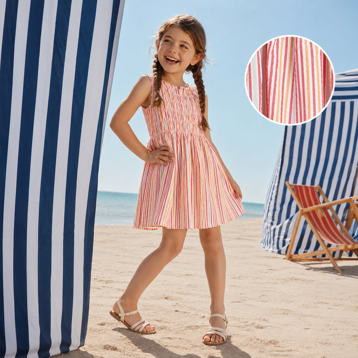 Kids Girls Dress in Multi Red with Smocked Bodice, Striped Design & Sleeveless Comfort