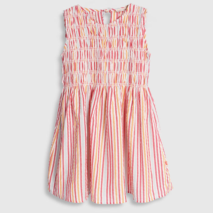 Kids Girls Dress in Multi Red with Smocked Bodice, Striped Design & Sleeveless Comfort