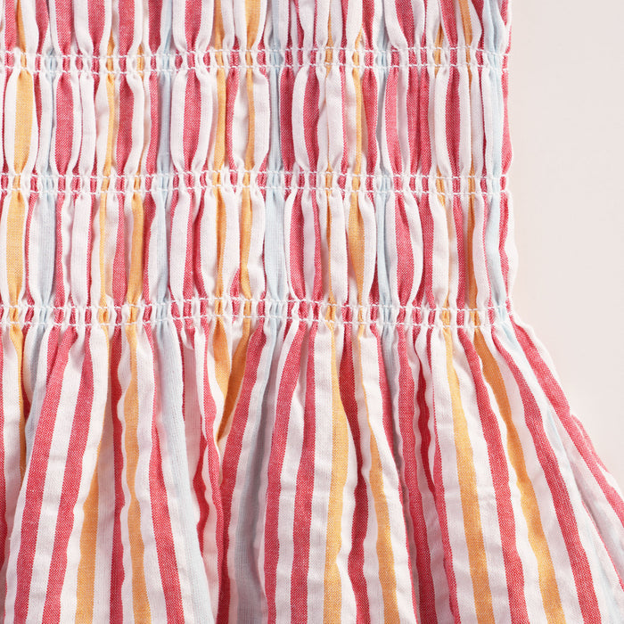 Kids Girls Dress in Multi Red with Smocked Bodice, Striped Design & Sleeveless Comfort