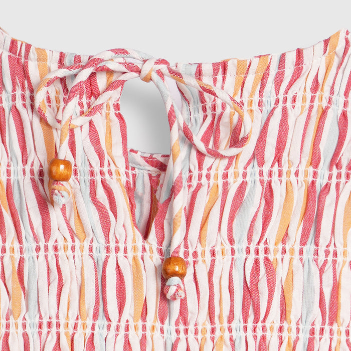 Kids Girls Dress in Multi Red with Smocked Bodice, Striped Design & Sleeveless Comfort