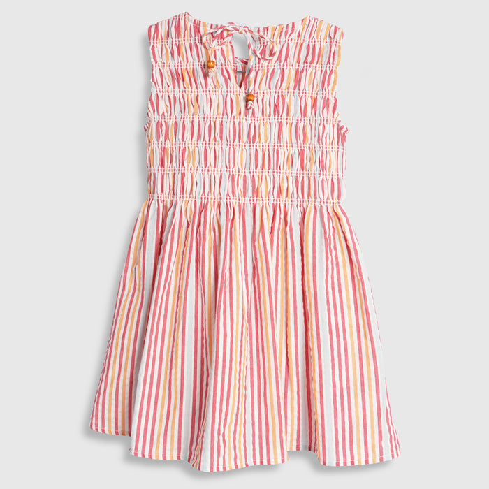 Kids Girls Dress in Multi Red with Smocked Bodice, Striped Design & Sleeveless Comfort