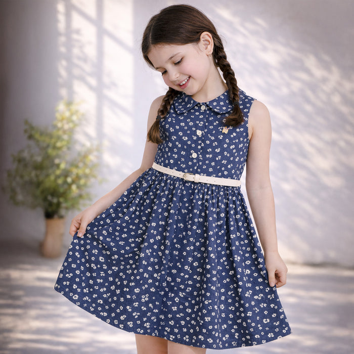Kids Girls Dress in Navy Blue Floral Print with Belted Waist for Summer Comfort Casual Wear