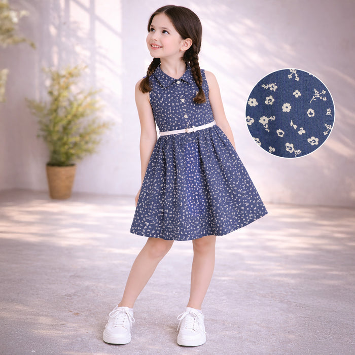 Kids Girls Dress in Navy Blue Floral Print with Belted Waist for Summer Comfort Casual Wear