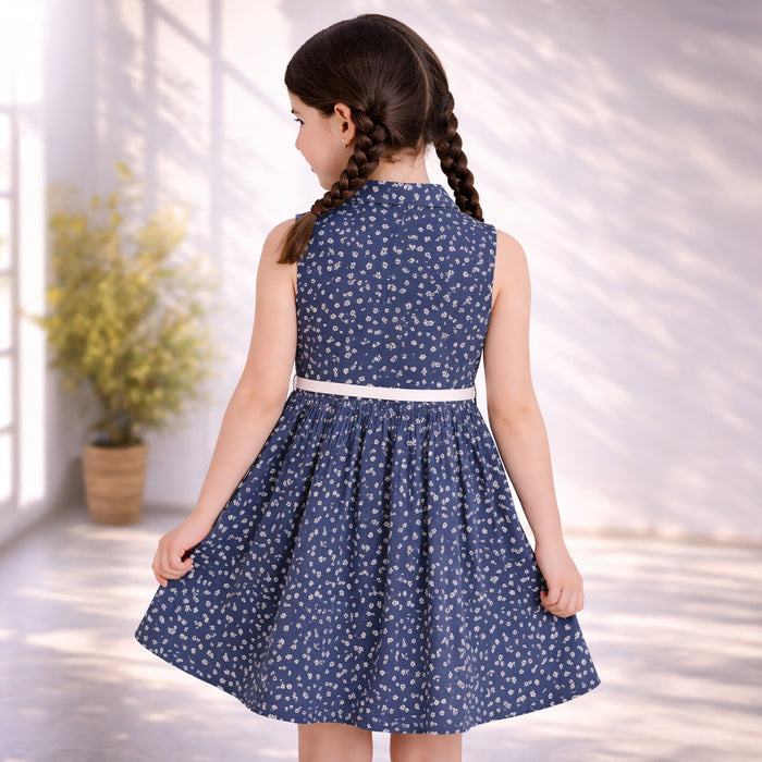 Kids Girls Dress in Navy Blue Floral Print with Belted Waist for Summer Comfort Casual Wear