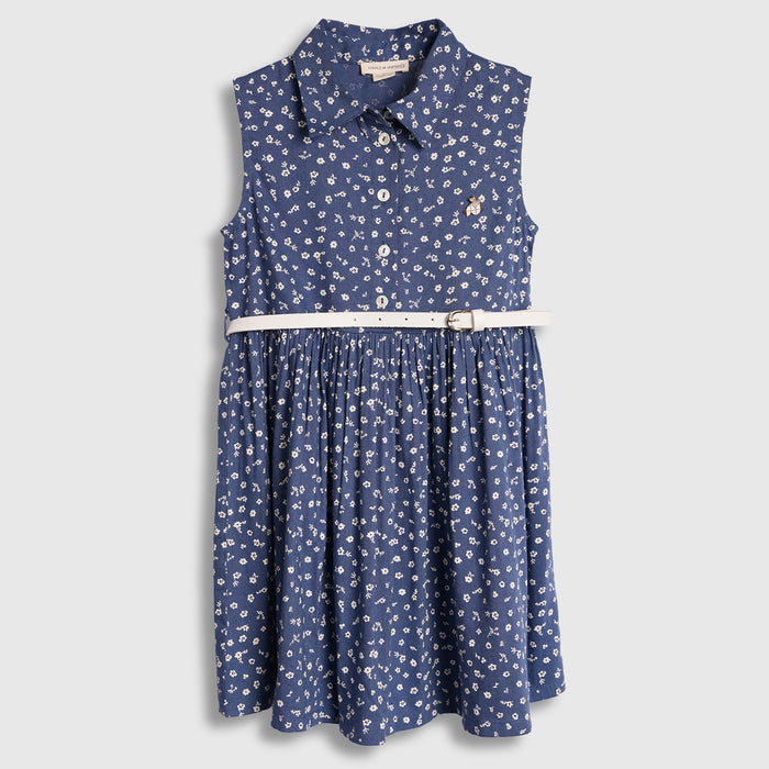 Kids Girls Dress in Navy Blue Floral Print with Belted Waist for Summer Comfort Casual Wear