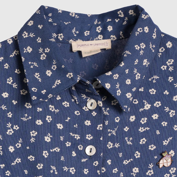 Kids Girls Dress in Navy Blue Floral Print with Belted Waist for Summer Comfort Casual Wear