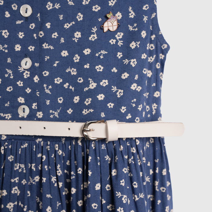 Kids Girls Dress in Navy Blue Floral Print with Belted Waist for Summer Comfort Casual Wear