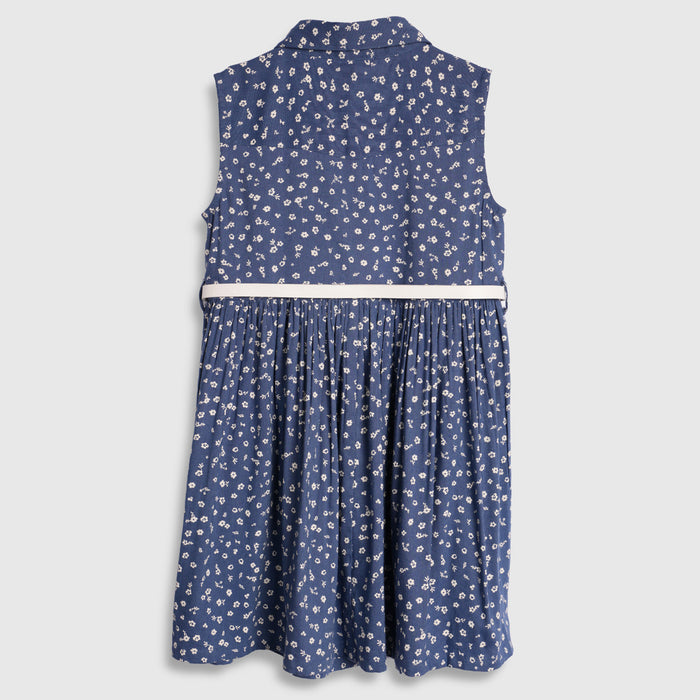 Kids Girls Dress in Navy Blue Floral Print with Belted Waist for Summer Comfort Casual Wear